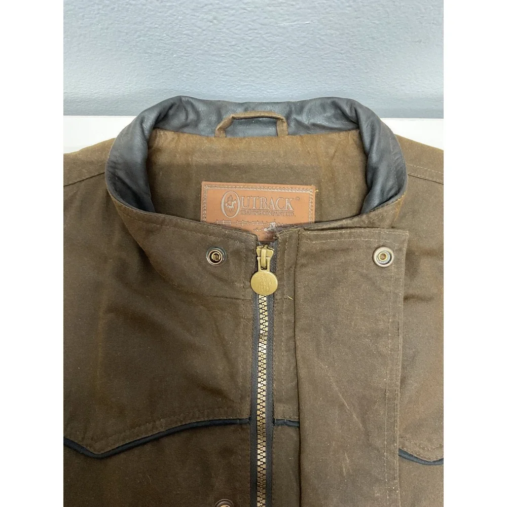 Outback Trading Co Mens Brown Oilskin Western Vest Leather Trim Workwear Large